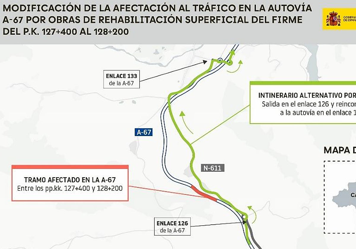 Tramo afectado por las obras en la A-67 a la altura de Campoo de Enmedio.