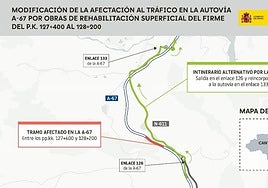 Tramo afectado por las obras en la A-67 a la altura de Campoo de Enmedio.