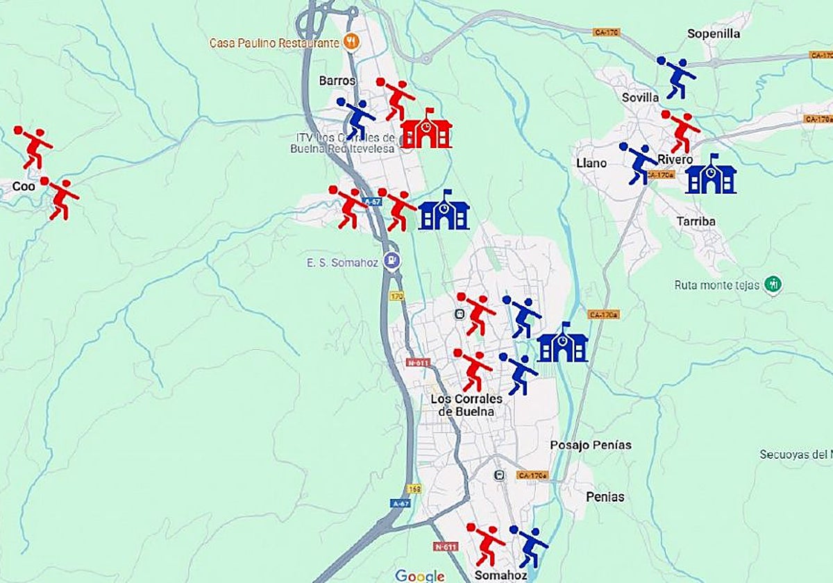 En azul las boleras abiertas y en rojo las que están en desuso.