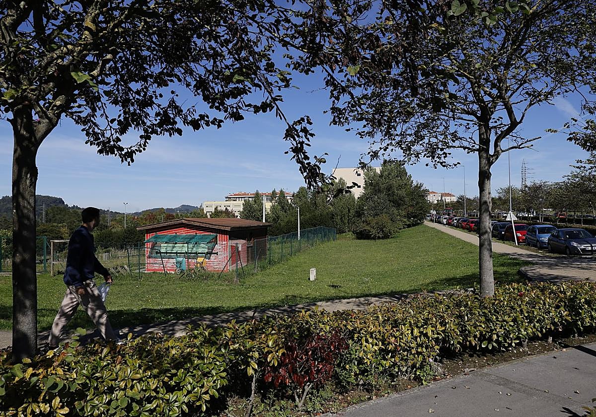 Un vecino camina frente a los terrenos donde se contempla la sede del Pctcan, junto al campus universitario de Torrelavega.