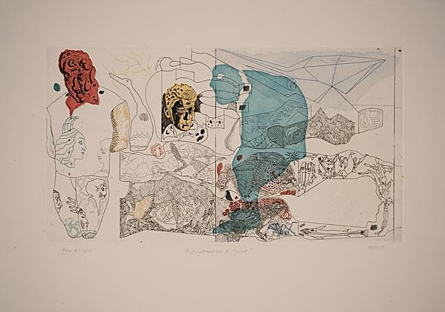 'Esperando a Godot', 1978. Bon à tirer. Aguafuerte, aguada y monotipo. Estampación a color en tintas negra y azul más plantilla con colores.