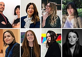 Arriba: Germán de la Riva e Itsaso Iribarren, Helena López Camacho, Iria do Castelo y Laura Olea; abajo: Maria Beriguistain, María Gracia de Pedro, Mina K y Sara Torres.