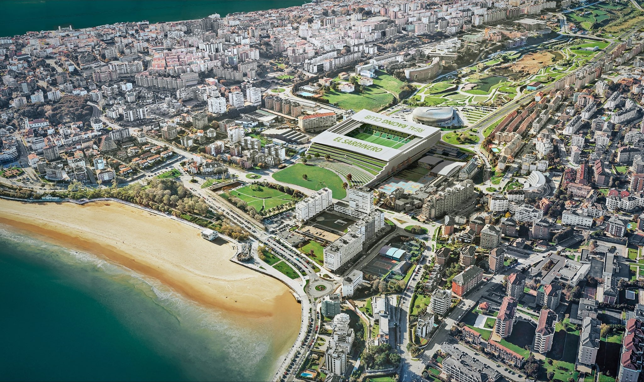 Vista aérea del nuevo campo de fútbol con el parque de Las Llamas al fondo y la nueva plaza en el frente