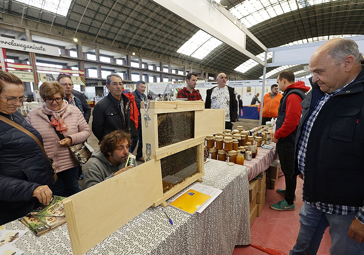 Visitantes se interesan por uno de los puestos de la Feria Nacional Apícola, en el Ferial de Torrelavega, en una edición anterior.