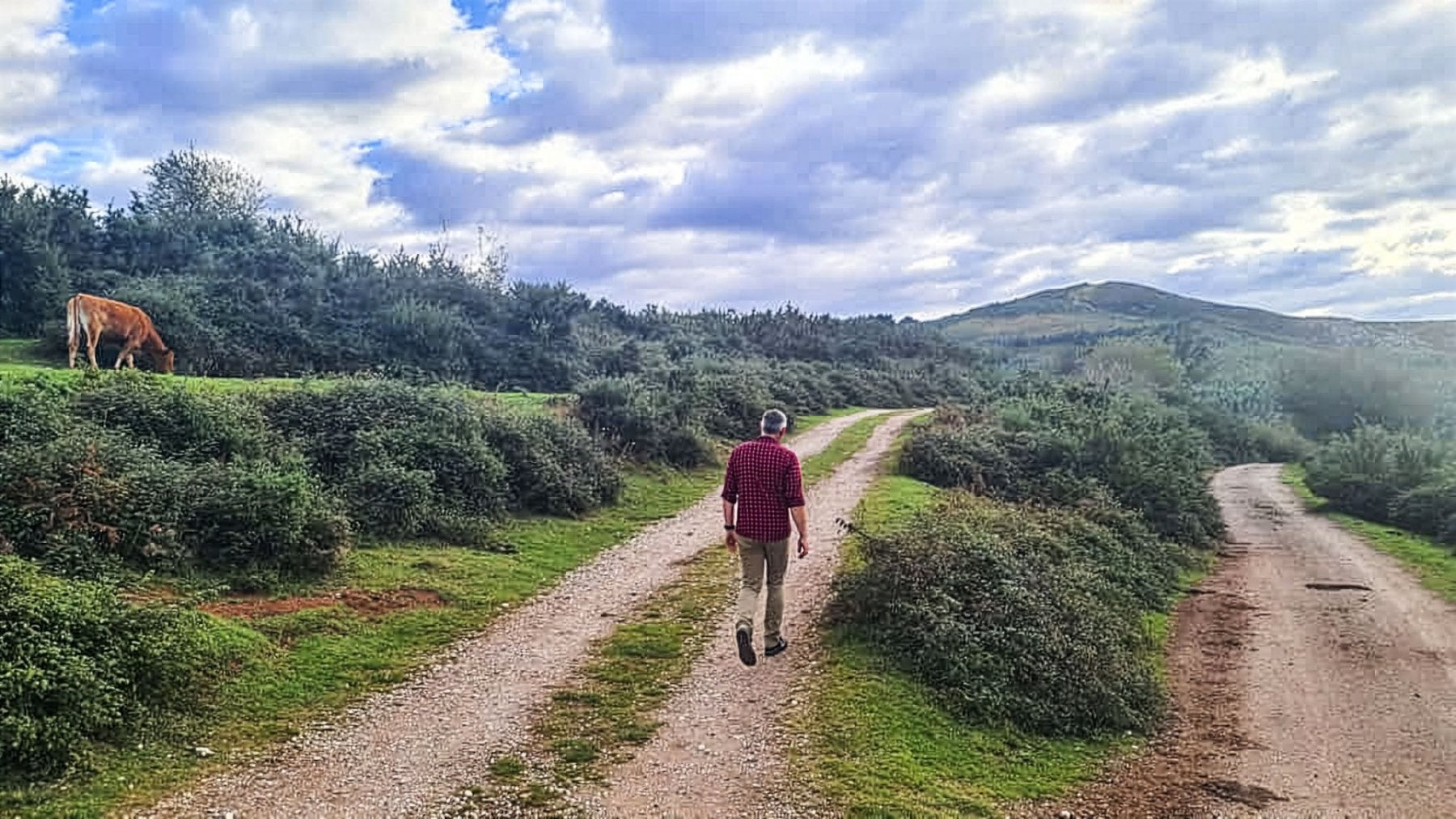 El alcalde pedáneo de Viérnoles, Eduardo Trueba, camina por el sendero que lleva a la ruta del Cuaternario.