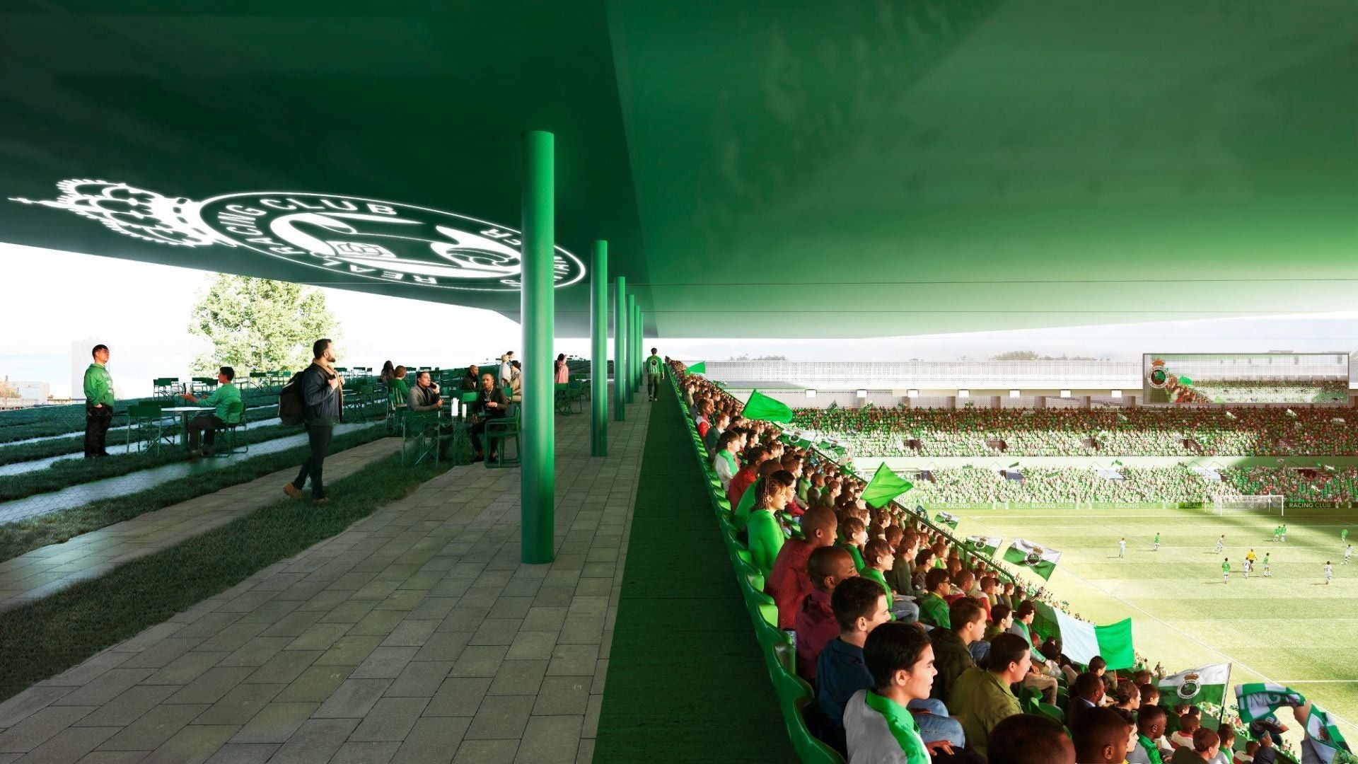 Planta superior del estadio, en la que se plantea la creación de una terraza con sillas y mesas.