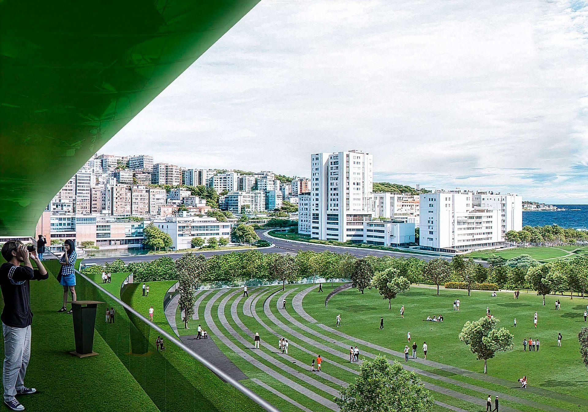 Vista desde el estadio de la nueva plaza pública, con multitud de árboles y zonas verdes.
