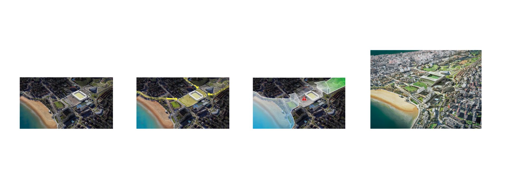 Según el club, en esta imagen se explica cómo con la remodelación se elemina el «tapón» que suponen los actuales Campos de Sport. El proyecto plantea que el estadio se 'abra' a su entorno, con el objetivo de crear «un espacio dinámico que se convierta en un punto de encuentro para la ciudad».