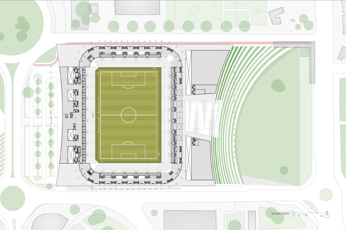 Plano aéreo en el que se contempla la unificación y conexión del estadio con la nueva plaza.