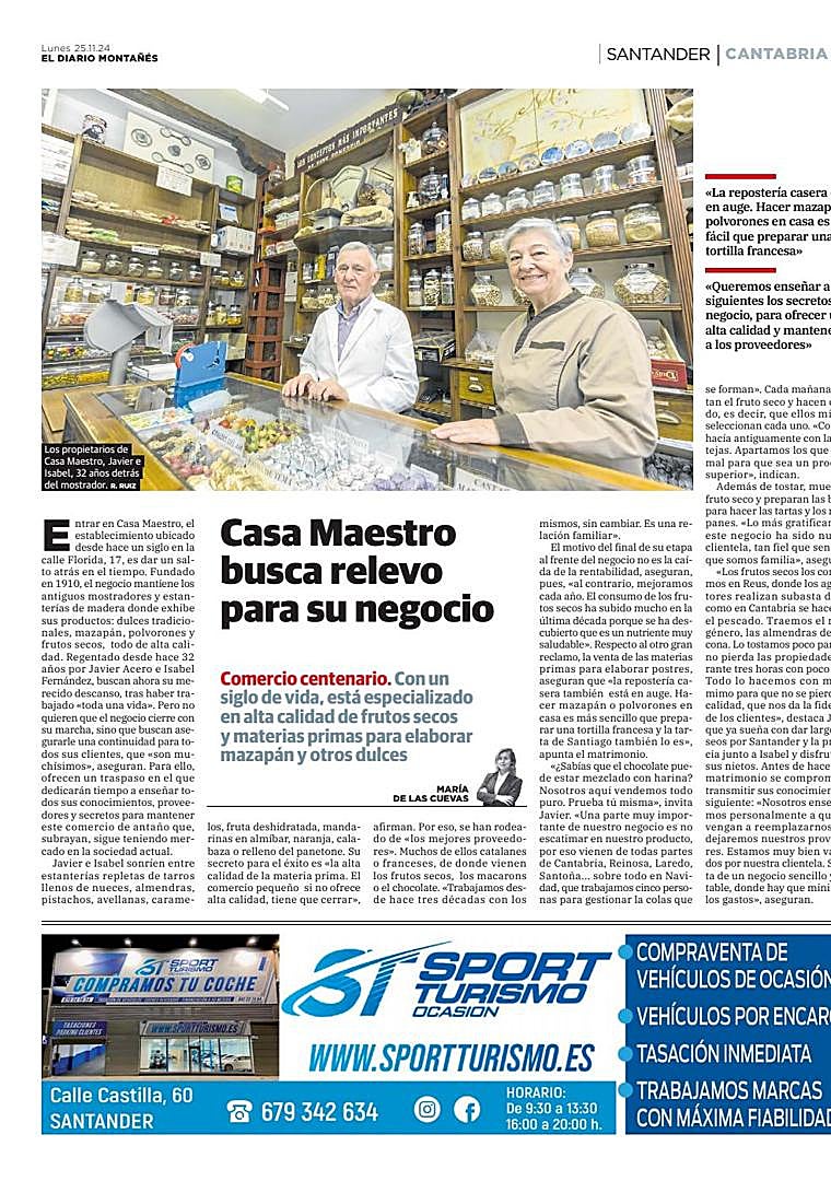 Imagen - 25 de noviembre de 2024. Página de El Diario Montañés en la que se anunciaba que Casa Maestro buscaba relevo.