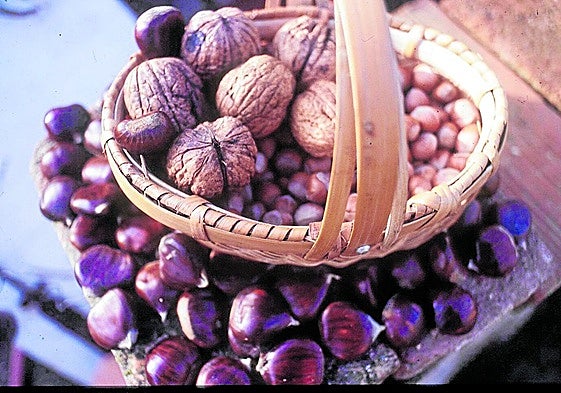 Cesto de frutos secos propios del otoño.