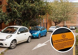 Vehículos estacionados en el campus, junto al edificio interfacultativo de la UC, y contenido de la nota de aviso por mal estacionamiento.