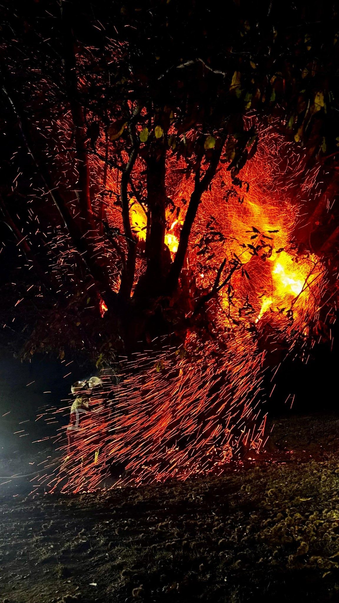 Espectacular imagen de un bombero atacando el fuego en el incendio de Pendes
