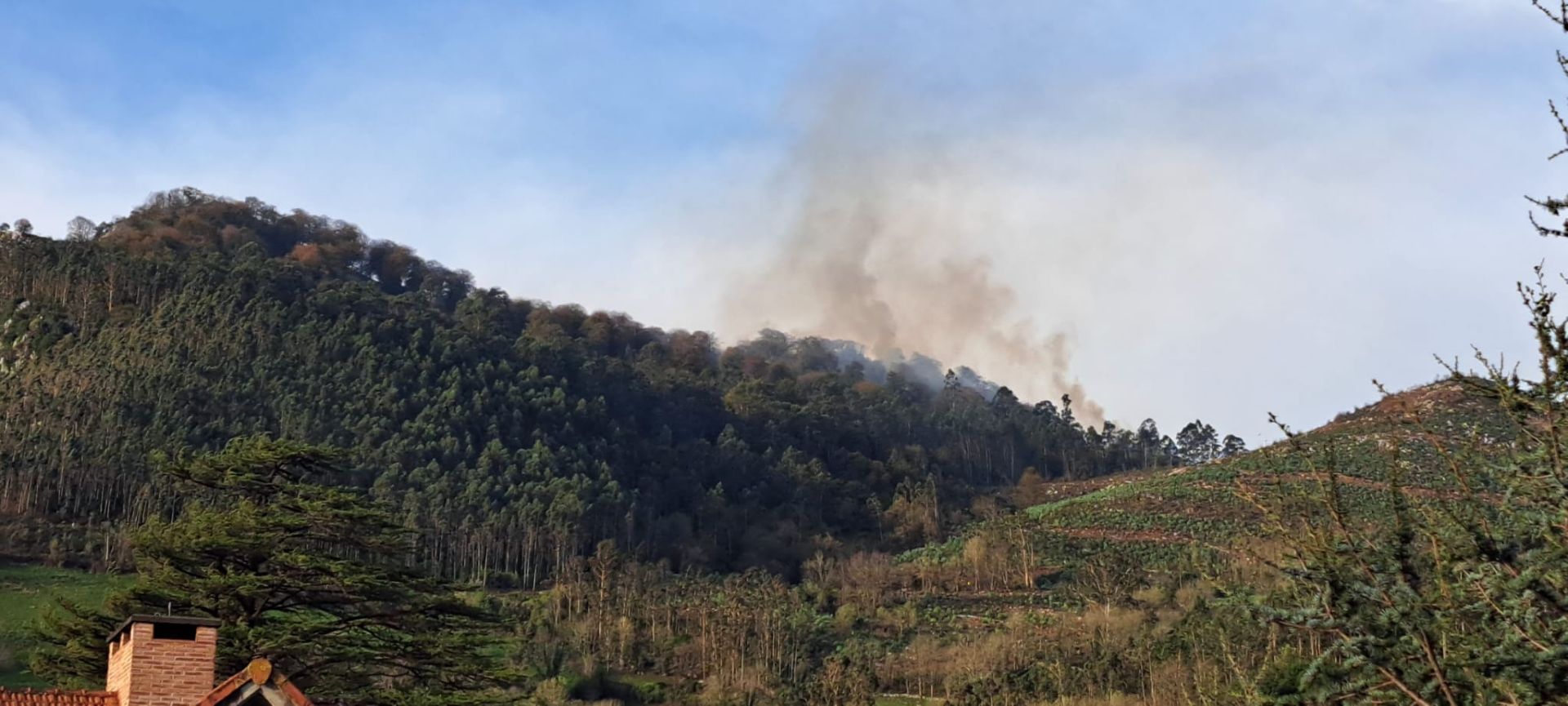 Incendio en el término municipal de Puente Viesgo, esta mañana, alejándose ya hacia San Felices