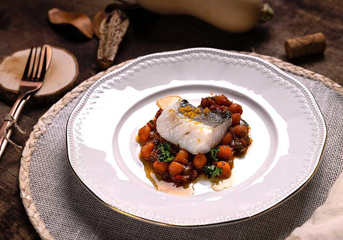 Pisto de calabaza con bacalao confitado.