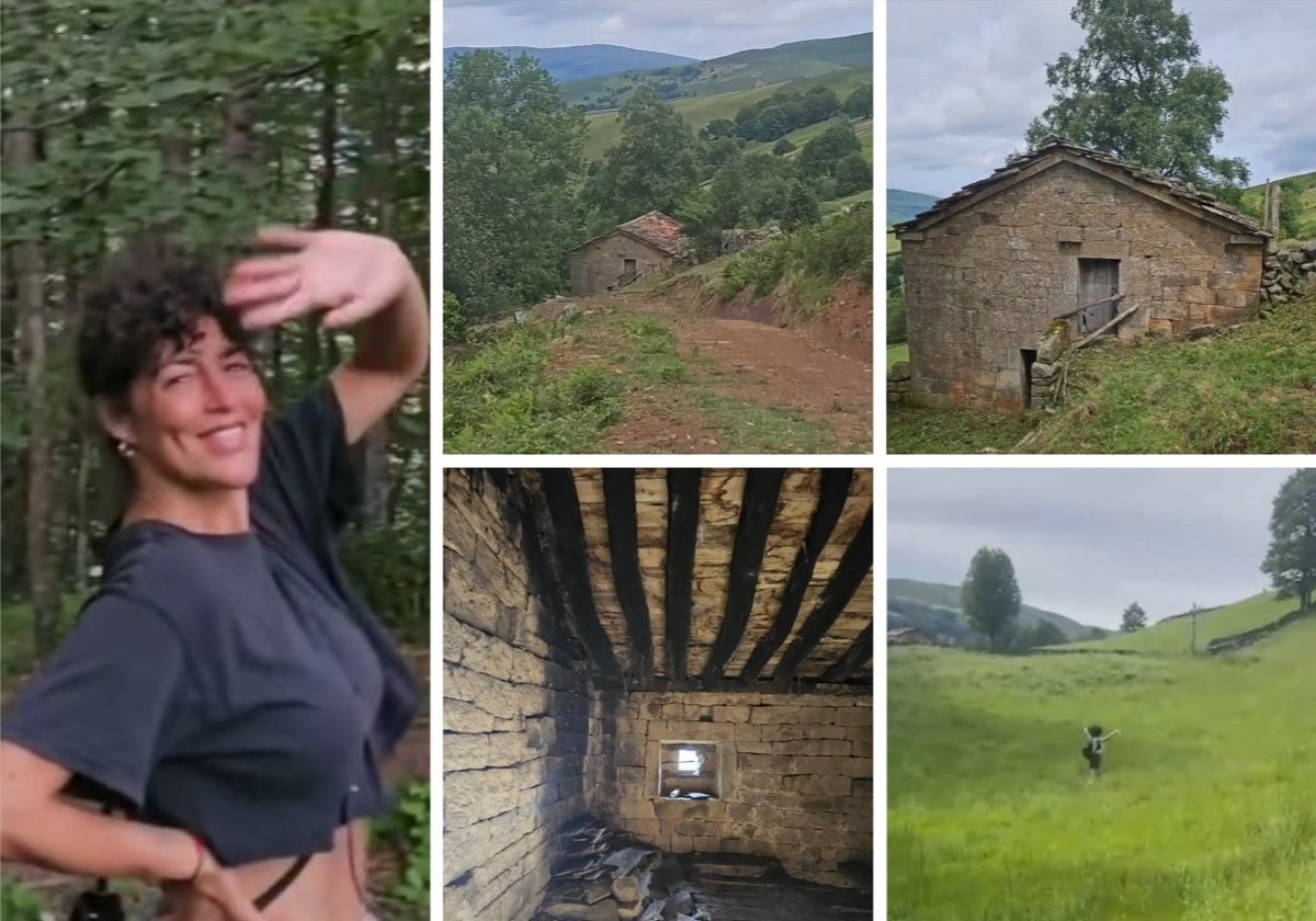 Rocío Madrid y varias de las imágenes que ha compartido de la cabaña que está rehabilitando en los Valles Pasiegos.