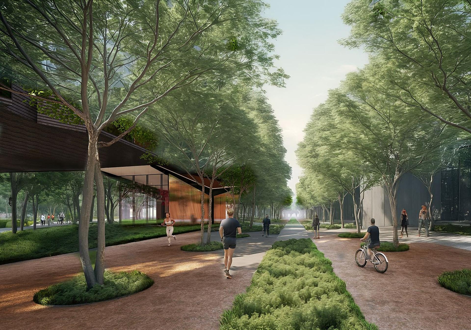 El proyecto cuenta con caminos interiores especiales para pasear, correr y montar en bicicleta