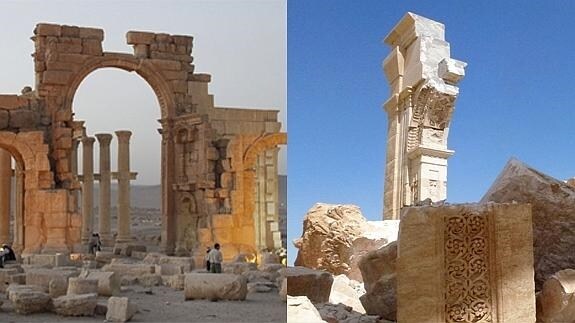 El Arco del Triunfo de Palmira, antes y después del paso del Estado Islámico. 