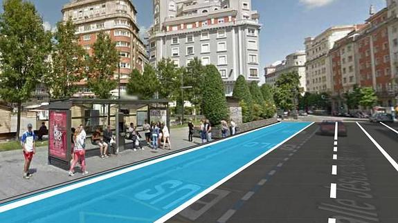 Infografía del carril para autobuses y taxis, Metro TUS, a su paso por el Ayuntamiento, en Santander.