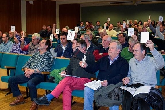 Los 31 asambleístas que asistierion ayer a la reunión anual de la Federación Cántabra de Bolos, durante una de las votaciones.