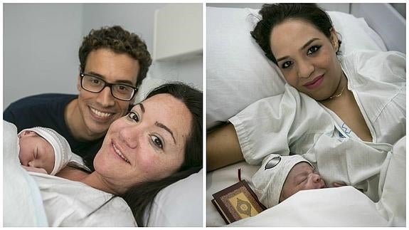 Ana y Pablo, con el pequeño Adriá, y Lamya Sadaq, con Ahmed