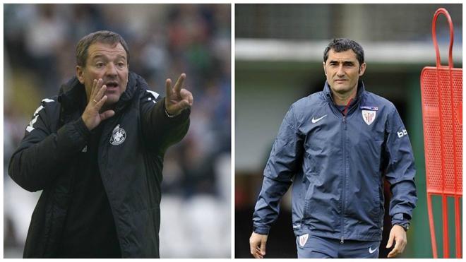 El entrenador del Racing, Ángel Viadero (a la izquierda) y Ernesto Valverde, del Athletic de Bilbao.