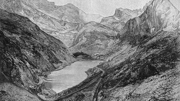 Grabado de 1890 donde se ve el lago de Ándara.