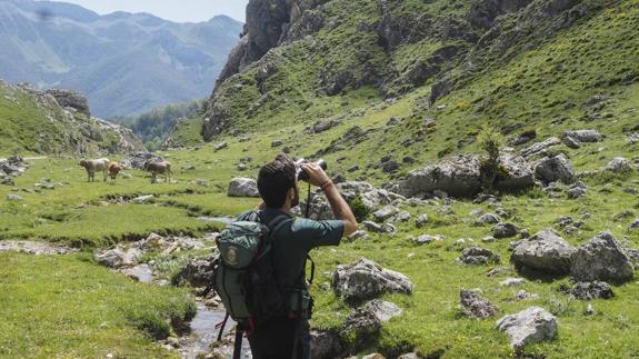 Un agente del Greim busca a los dos senderistas, cuyas fotografías ya se han difundido por la zona. 