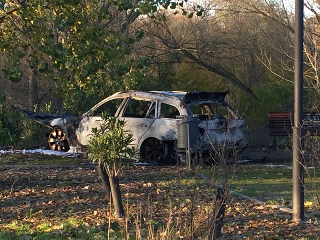 BMW calcinado en las proximidades del río Pisuerga y del frontón de Arroyo núcleo. 