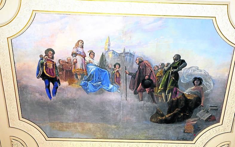 Fresco: El techo de la Sala de Comisiones está decorado con un fresco en el que puede verse a la reina Isabel II durante una visita a Valladolid.