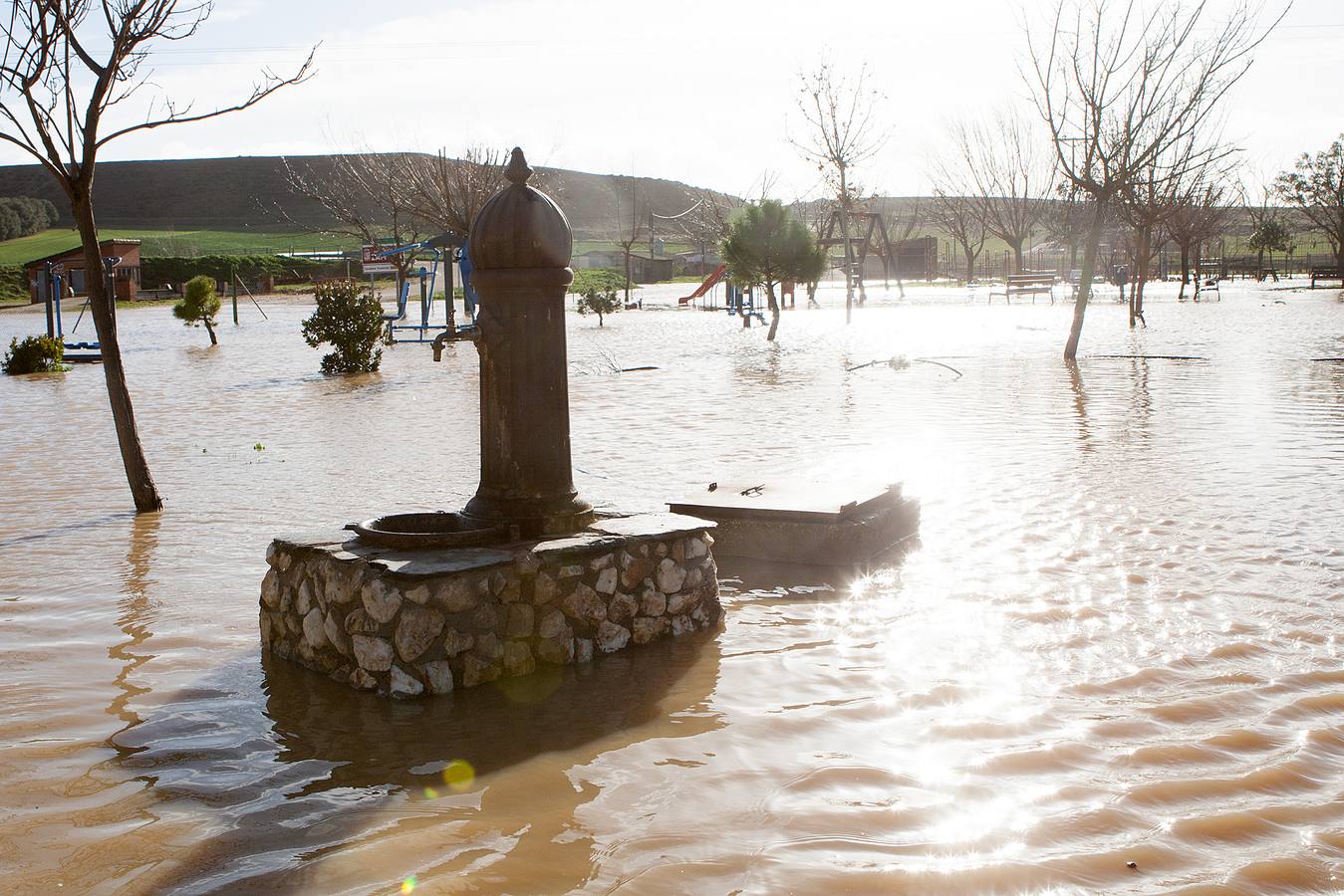 La subida del caudal del rio Valderaduey ocasiona inundaciones en Benegiles (Zamora).