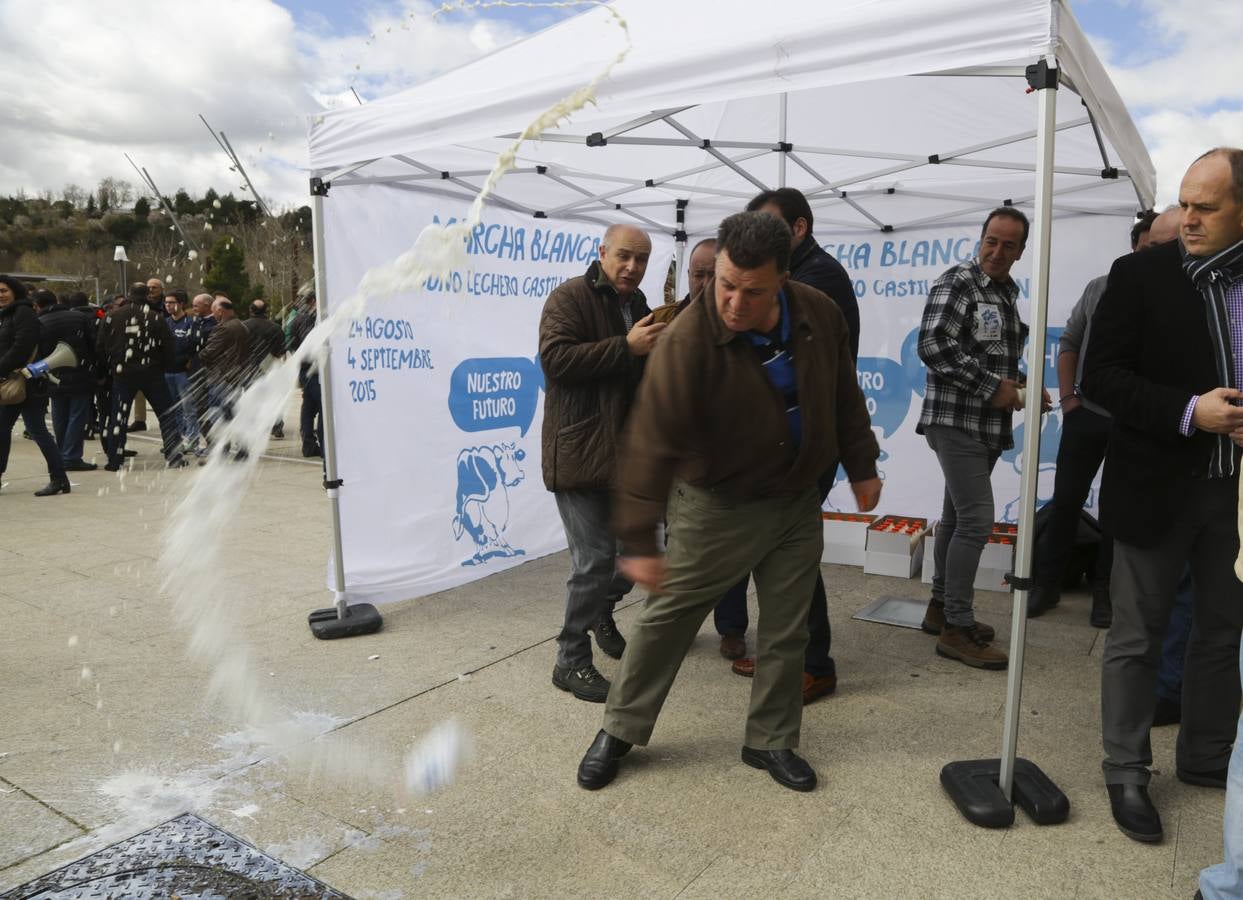 Protesta de ganaderos a las puertas de las Cortes de Castilla y León por la crisis del sector lácteo