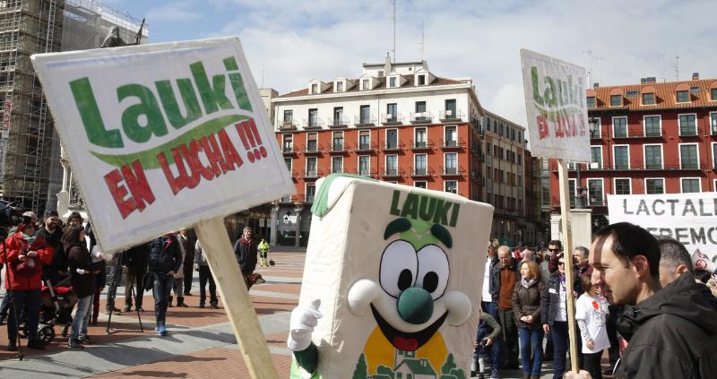 Trabajadores de Lauki reparten 2.000 litros de leche en la Plaza Mayor de Valladolid en protesta por el cierre de la planta