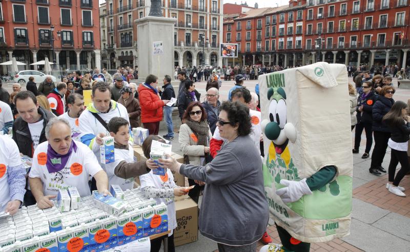 Trabajadores de Lauki reparten 2.000 litros de leche en la Plaza Mayor de Valladolid en protesta por el cierre de la planta