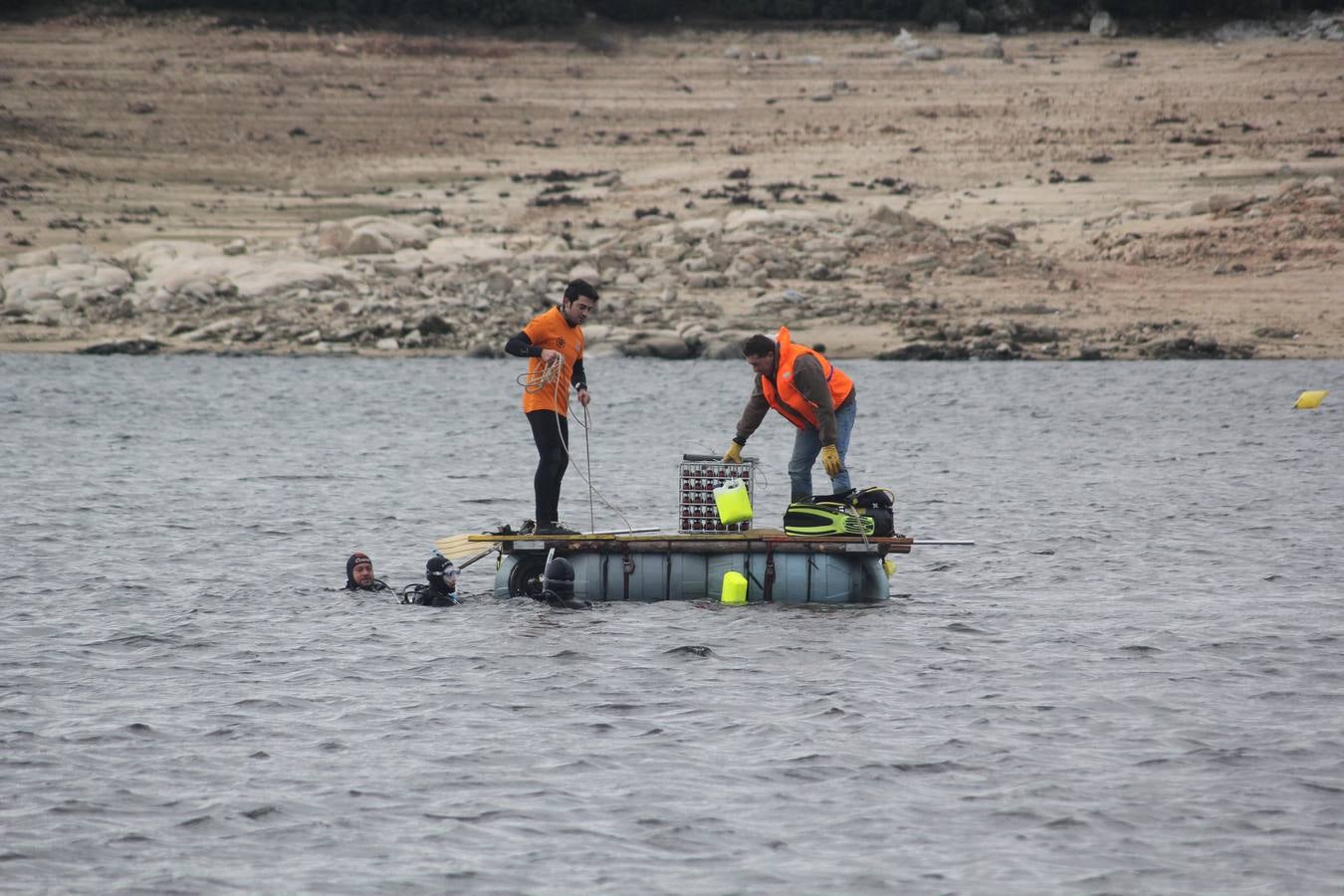 Inmersión de botellas de vino en el embalse de Las Cogotas para su envejecimiento