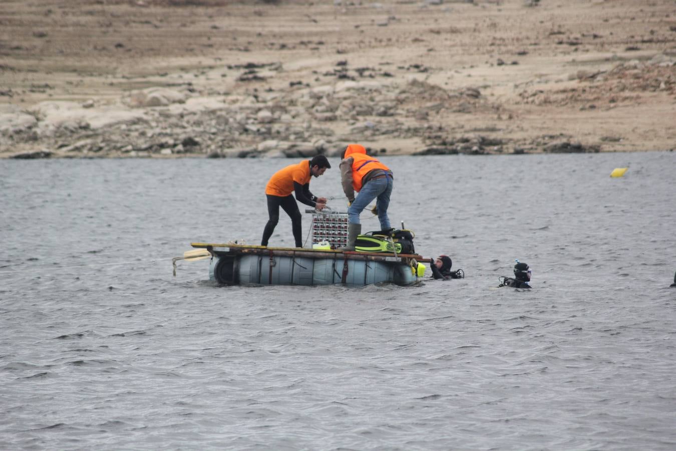 Inmersión de botellas de vino en el embalse de Las Cogotas para su envejecimiento