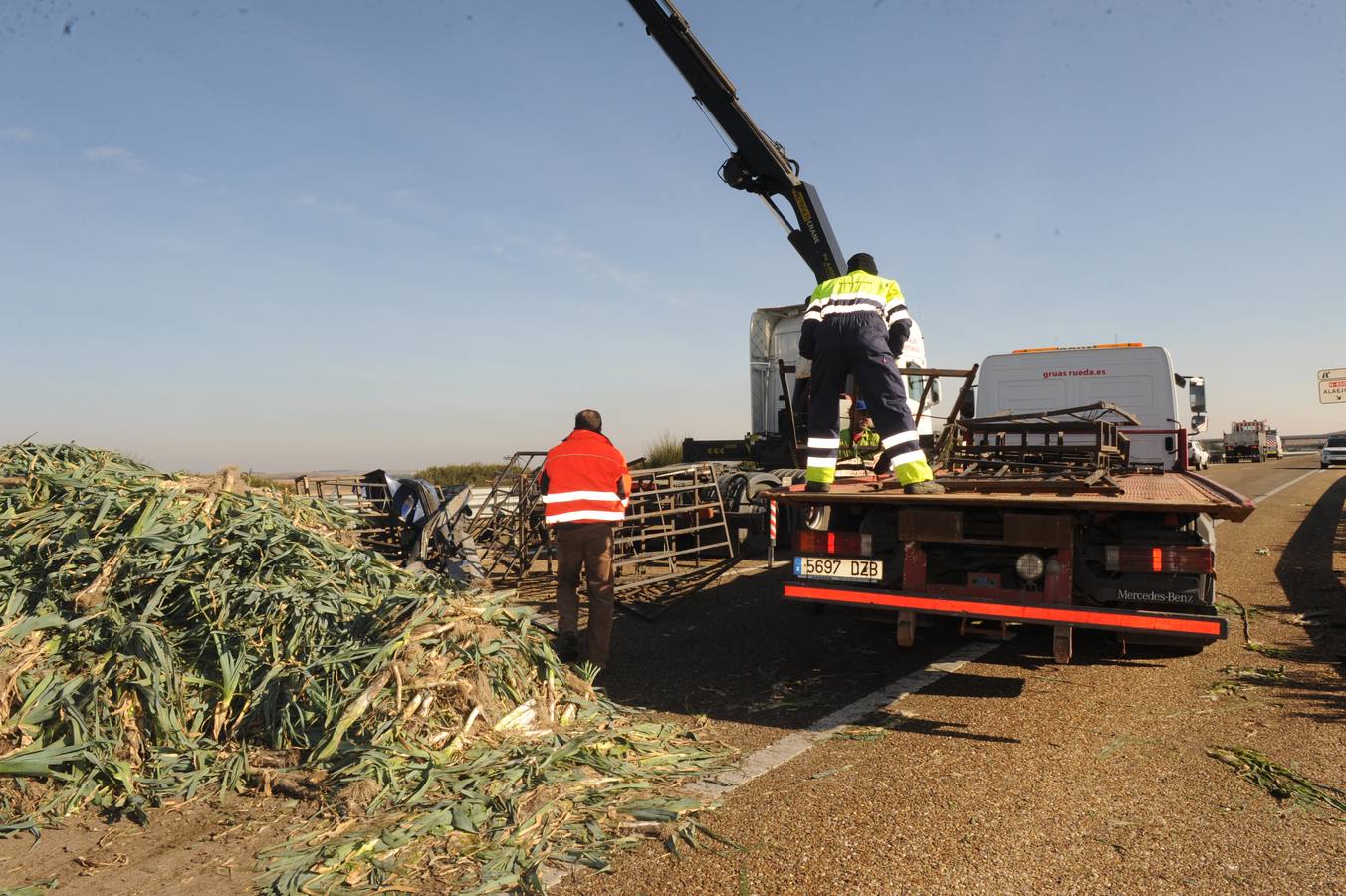 Vuelca un camión cargado de cebollas en la A-62 a la altura de Alaejos