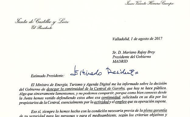 La carta de Juan Vicente Herrera a Rajoy sobre Garoña