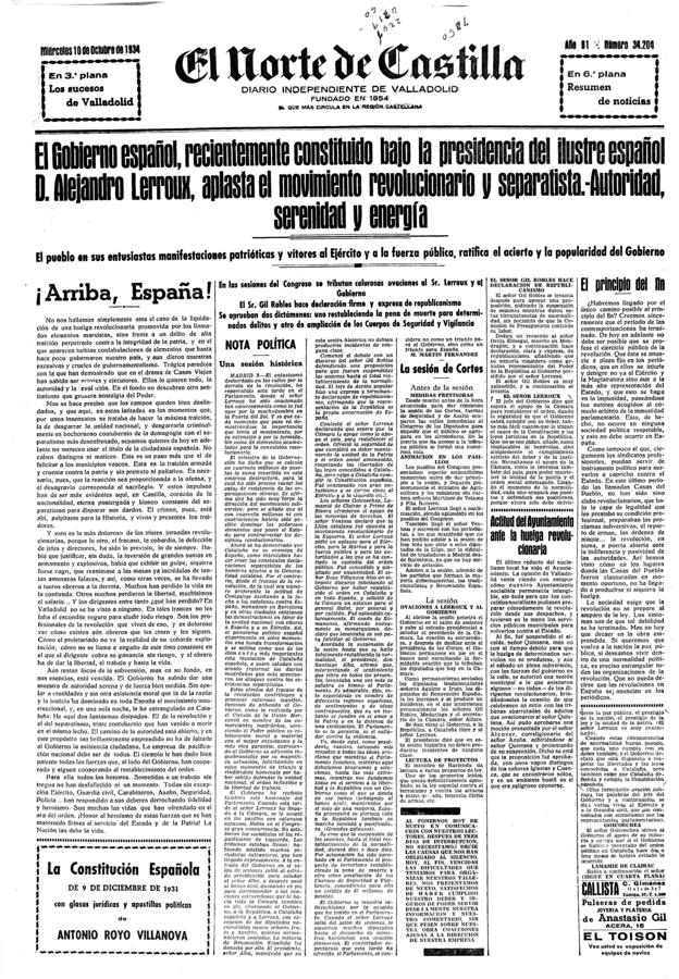 Portada de El Norte de Castilla del 10 de octubre de 1934.
