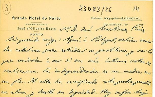 Una carta de Unamuno dirigida a Azorín. 