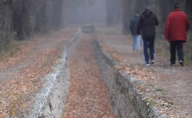 Un grupo de personas camina junto a la acequia de riego completamente seca