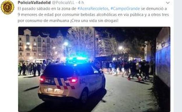 El mensaje de ayer en la cuenta oficial de Twitter de la Policía Local con la información sobre la intervención realizada el sábado.