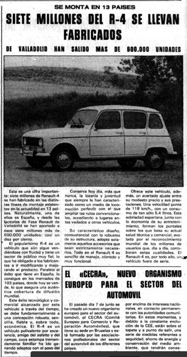 Noticia de junio de 1983 en la que El Norte anunciaba que ya se habían producido siete millones de Renault 4 en el mundo, 600.000 de ellos en Valladolid. 
