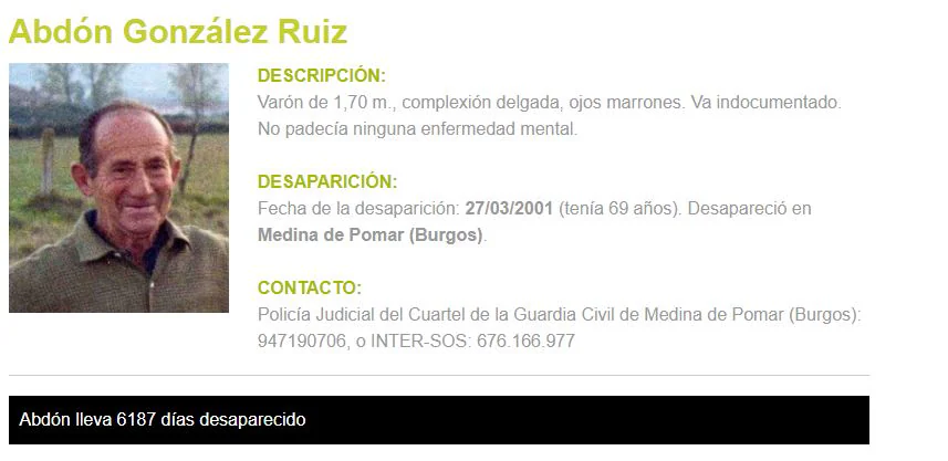 Abdón González Ruiz, desaparecido desde el 27/03/2001 (Medina de Pomar, Burgos).
