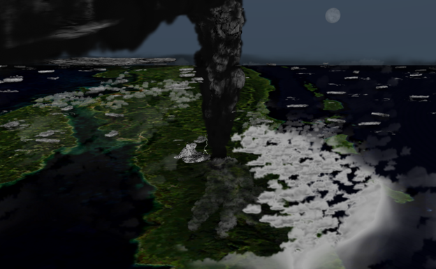 Recreación de la erupción del volcán Toba desde el espacio.