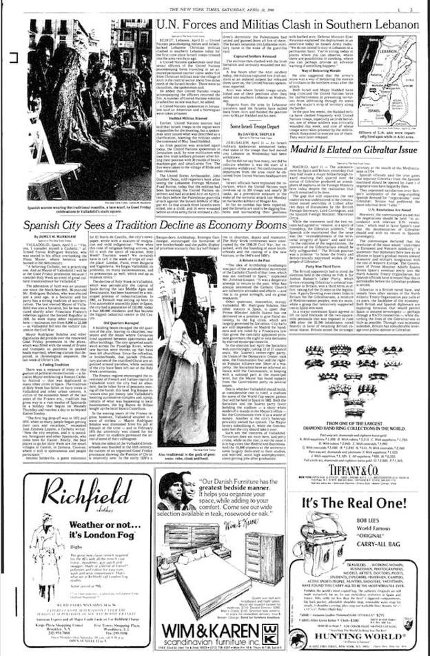 Página 3 de 'The New York Times' el 12 de abril de 1980, con el reportaje sobre Valladolid y su Semana Santa.
