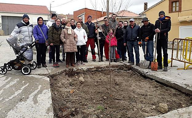 Vecinos de Fuentesaúco de Fuentidueña, con el olmo recién plantado. 