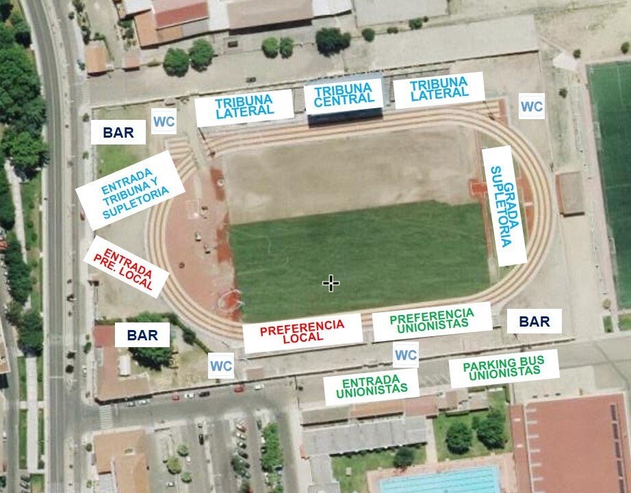 Plano del campo que ha publicado el Don Benito con el lugar elegido para cada afición. 