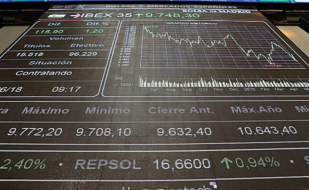 Vista de un panel en la Bolsa de Madrid. 