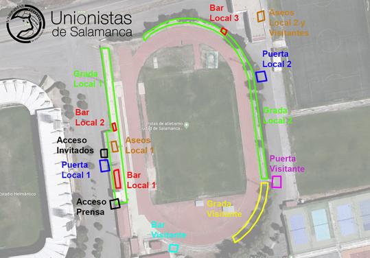 Plano con los diferentes accesos y servicios en el campo de Las Pistas del Helmántico.